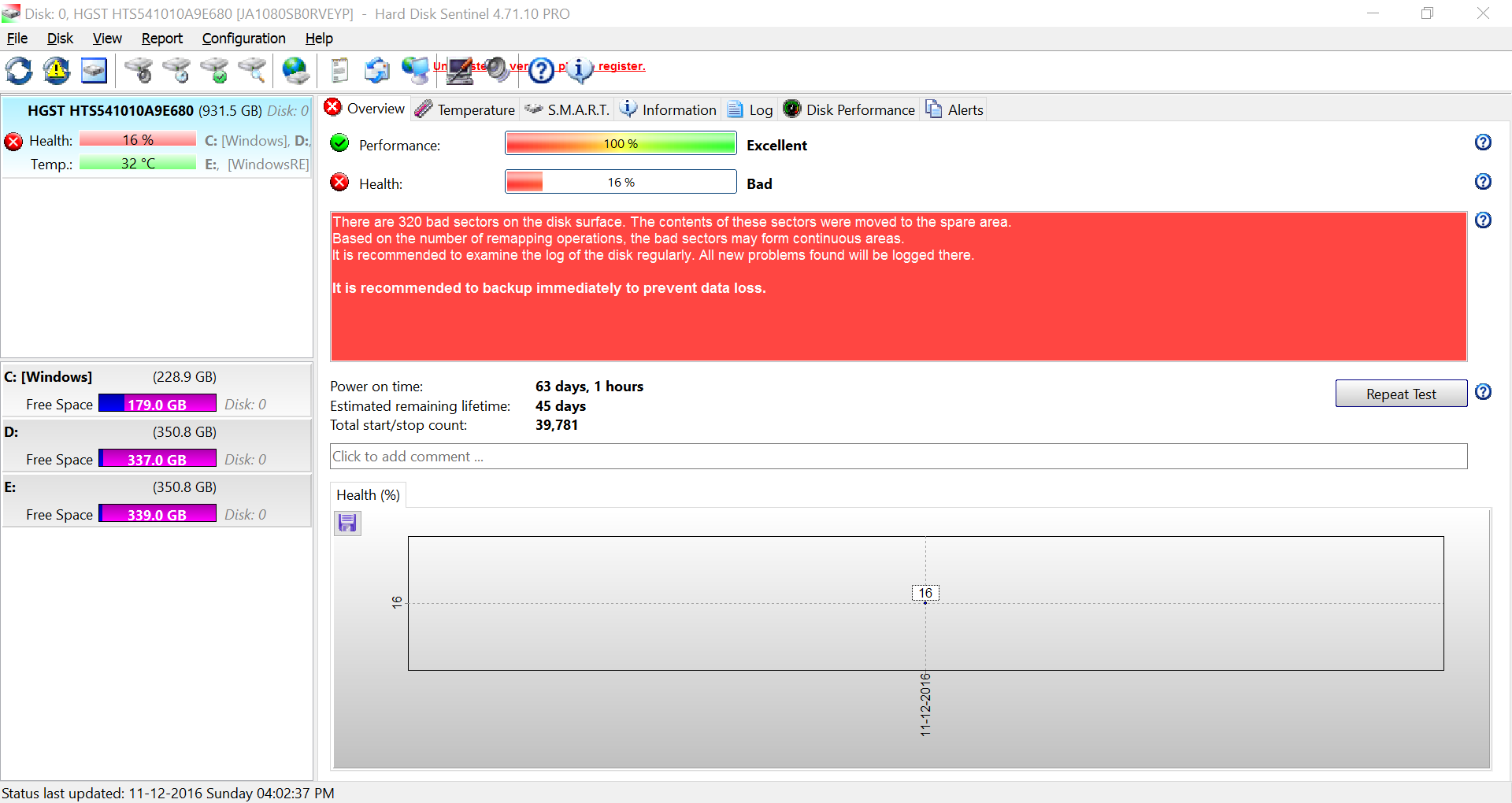 Hard Disk Sentinel overview showing critical health state with bad sectors warning